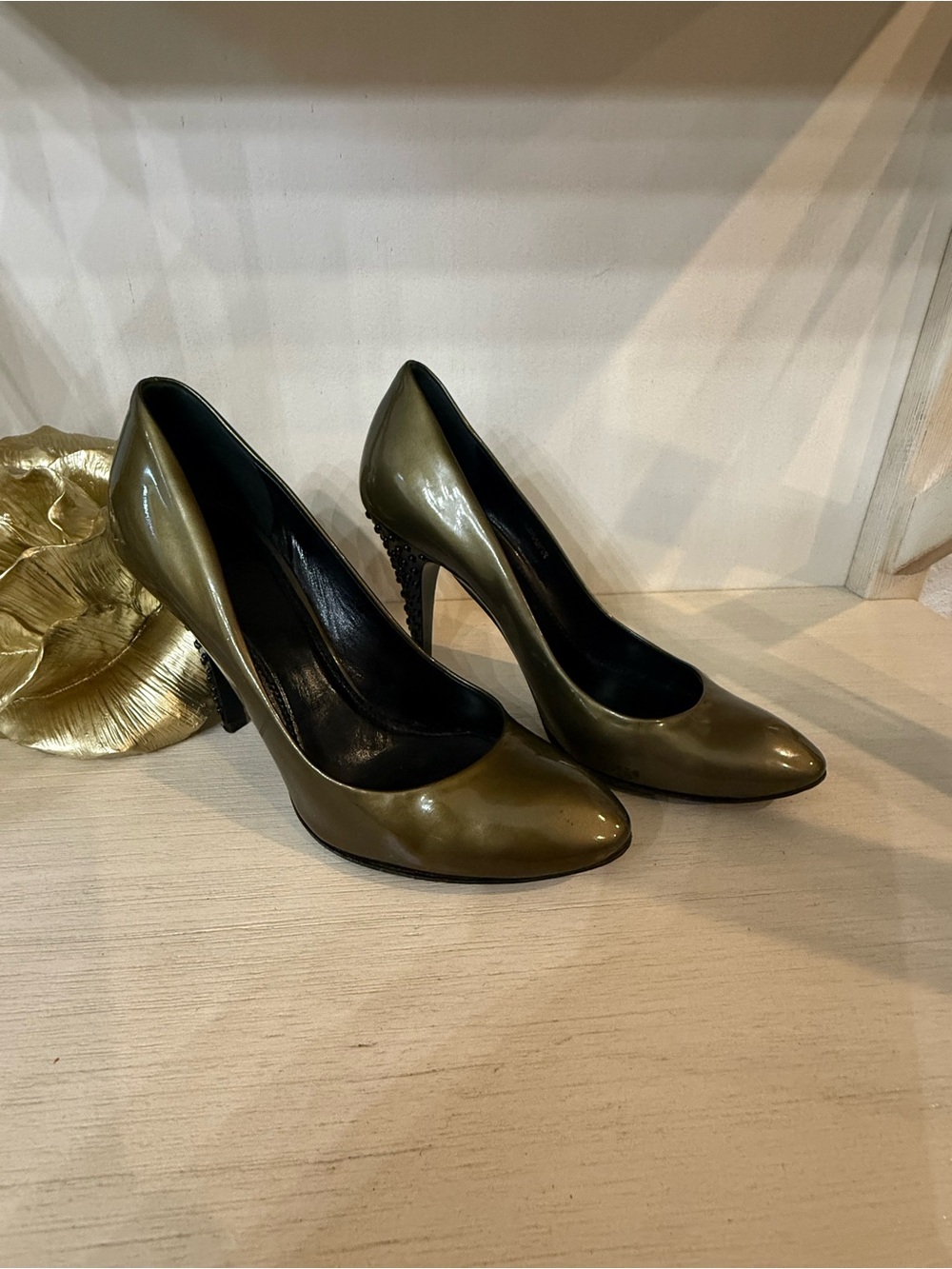 Olive Green Patent Leather Pointed-Toe Pumps